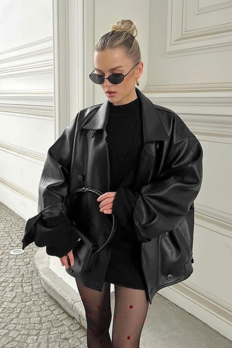 Sandra Vintage Relaxed Leather Coat - Women's Fall and Winter Outerwear - Image 6