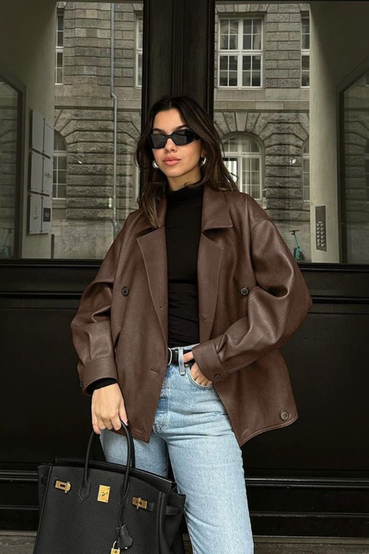 Sandra Vintage Relaxed Leather Coat - Women's Fall and Winter Outerwear