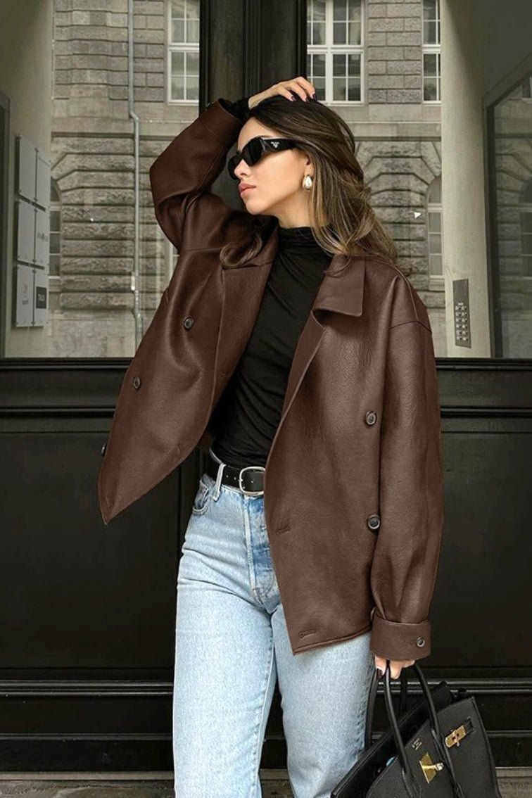 Sandra Vintage Relaxed Leather Coat - Women's Fall and Winter Outerwear - Image 2