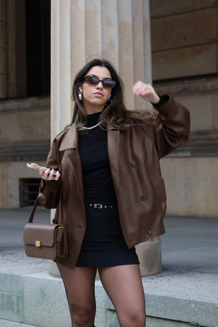 Sandra Vintage Relaxed Leather Coat - Women's Fall and Winter Outerwear - Image 5