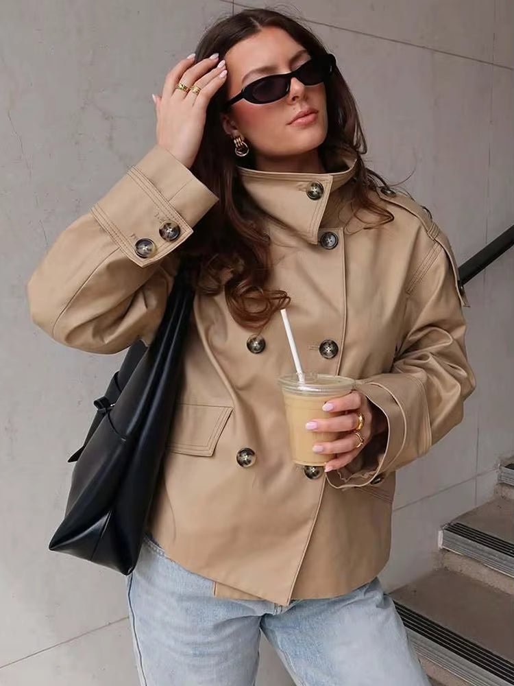 Sarah Beige Double Breasted Trench Coat - Women's Fall and Winter Outerwear - Image 2