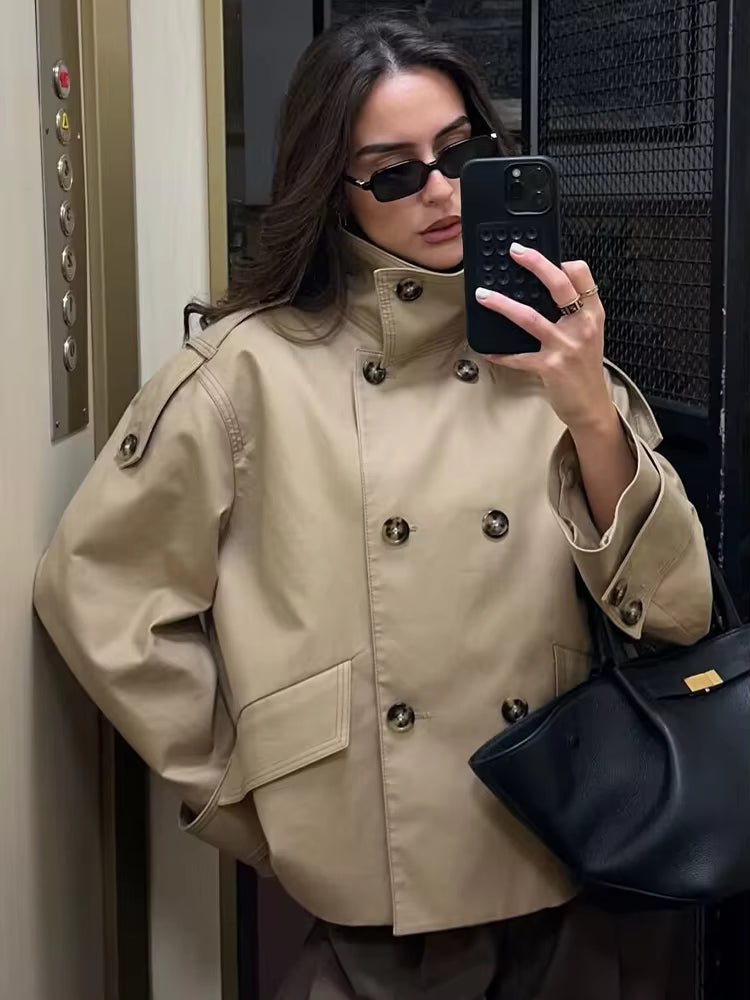 Sarah Beige Double Breasted Trench Coat - Women's Fall and Winter Outerwear - Image 4