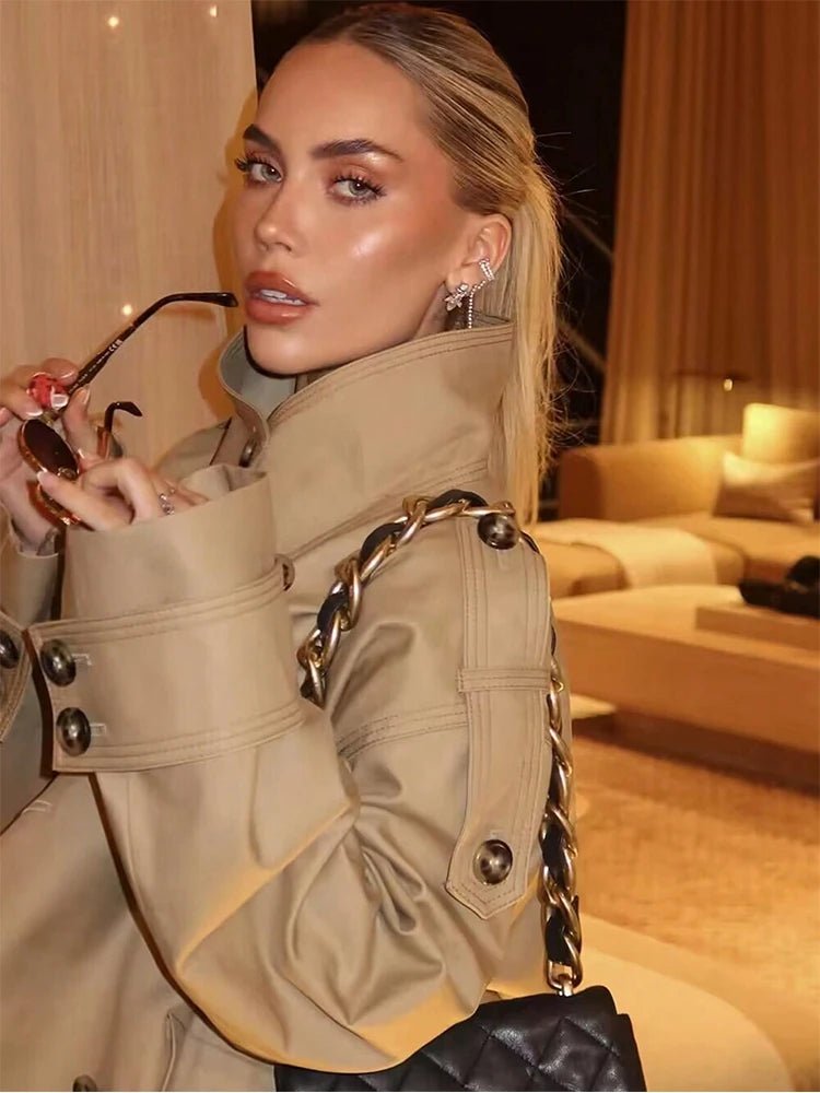 Sarah Beige Double Breasted Trench Coat - Women's Fall and Winter Outerwear - Image 9