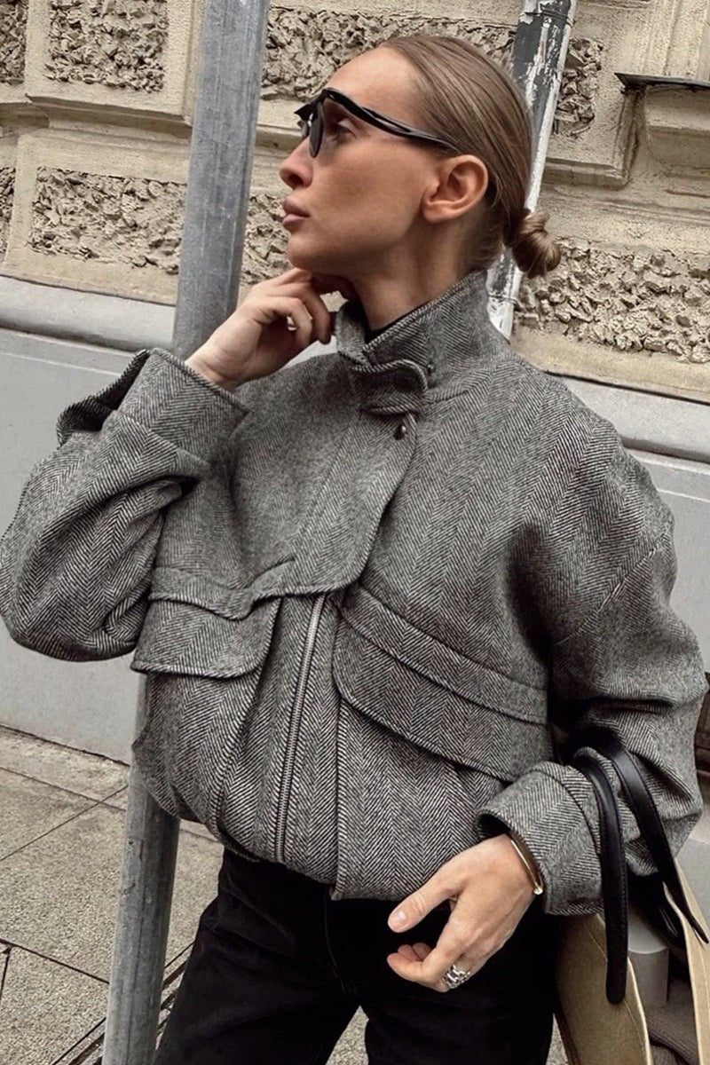 Sarah Herringbone Stand Collar Coat - Women's Fall and Winter Outerwear