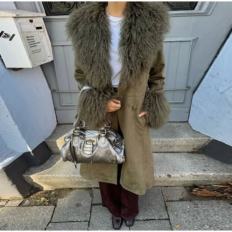 Teresa Patchwork Faux Fur Collar Coat - Women's Fall and Winter Outerwear - Image 3