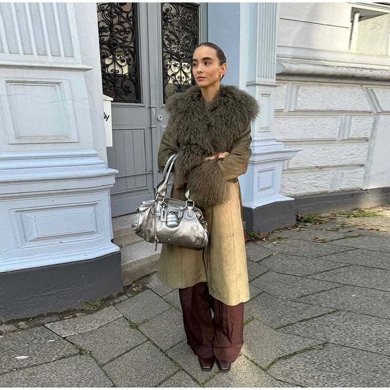 Teresa Patchwork Faux Fur Collar Coat - Women's Fall and Winter Outerwear - Image 2