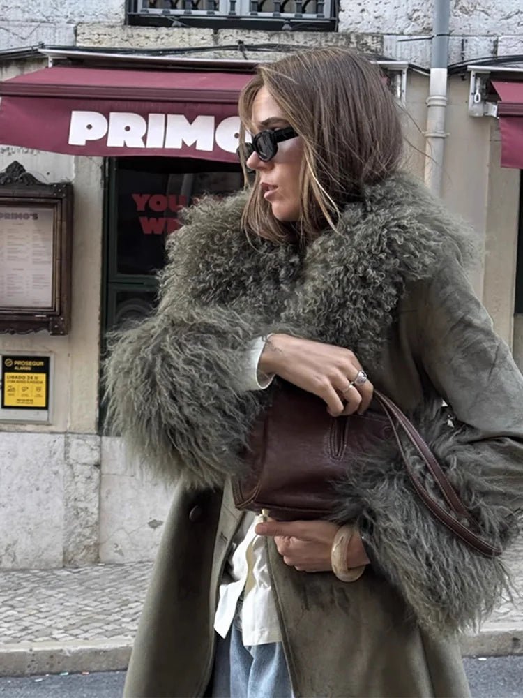 Teresa Patchwork Faux Fur Collar Coat - Women's Fall and Winter Outerwear - Image 5