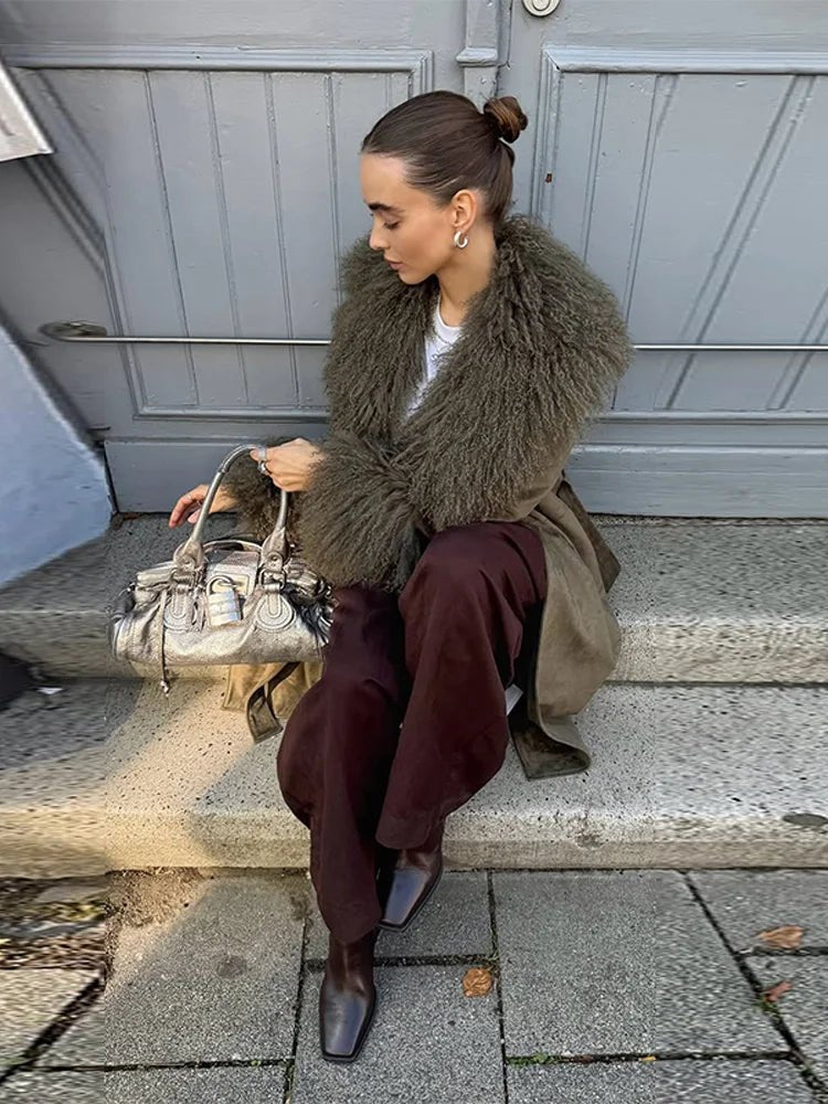 Teresa Patchwork Faux Fur Collar Coat - Women's Fall and Winter Outerwear - Image 6