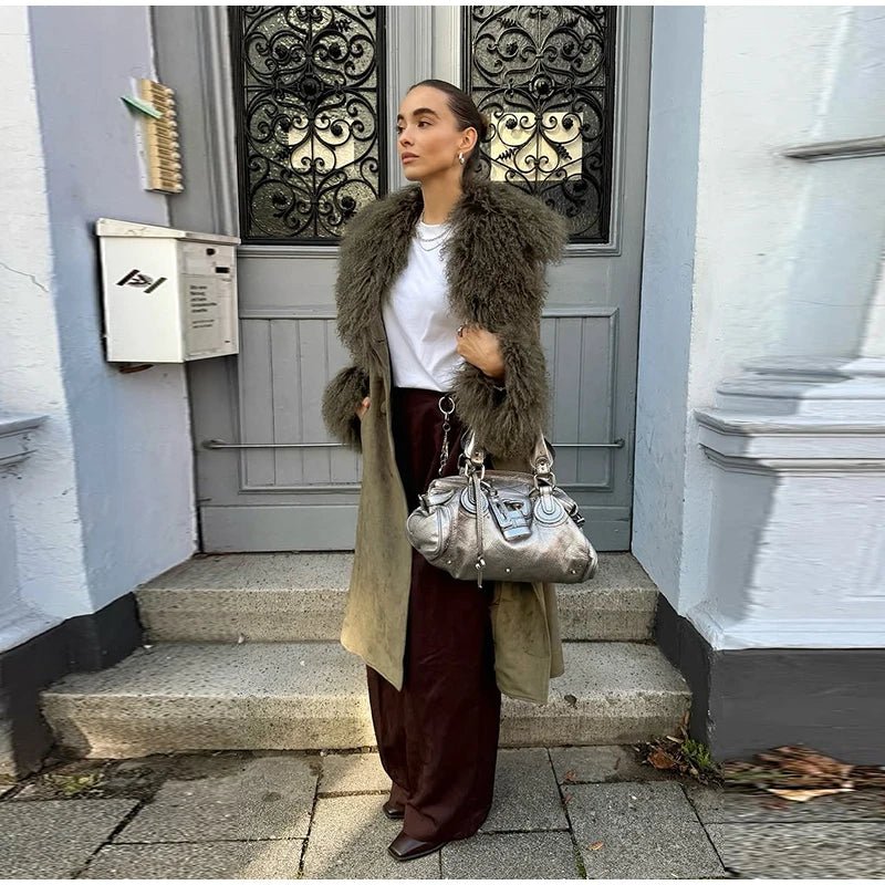 Teresa Patchwork Faux Fur Collar Coat - Women's Fall and Winter Outerwear