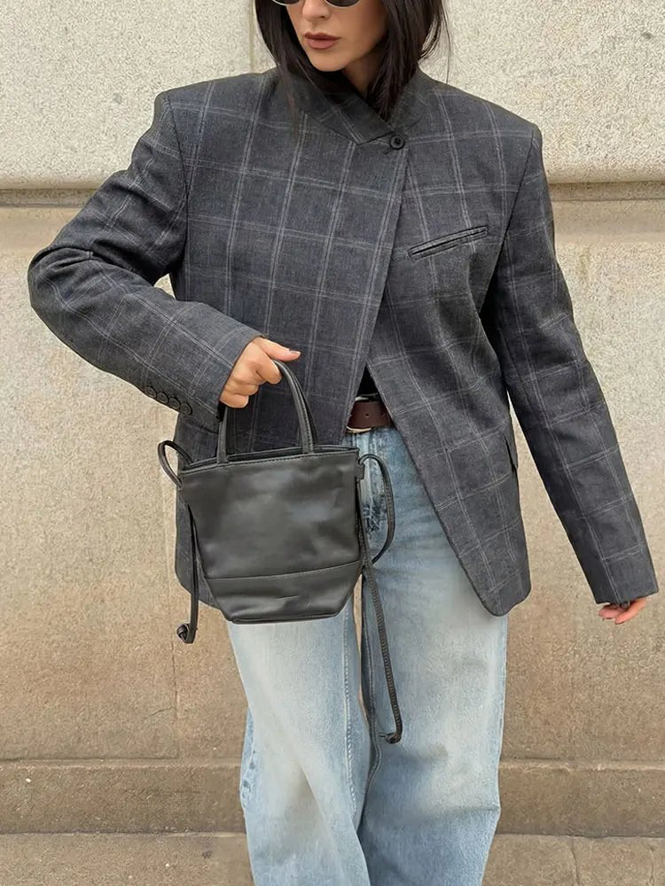 Aurelia Stand Collar Plaid Blazer - Women's Fall and Winter Outerwear - Image 4