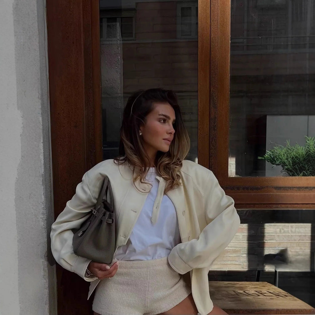 Hannah Stand Collar Jacket with Button Details - Women's Fall and Winter Outerwear - Image 4