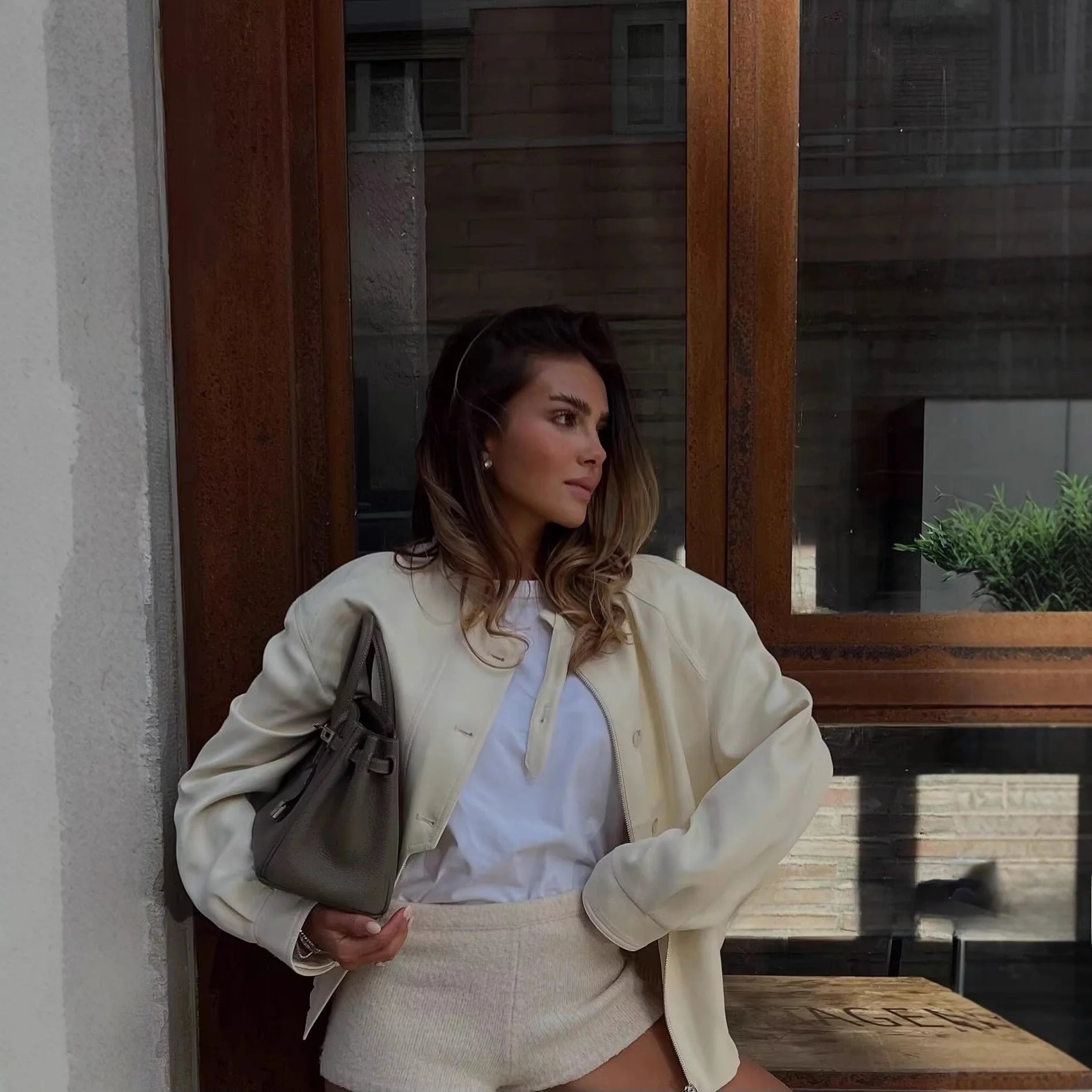 Hannah Stand Collar Jacket with Button Details - Women's Fall and Winter Outerwear - Image 4