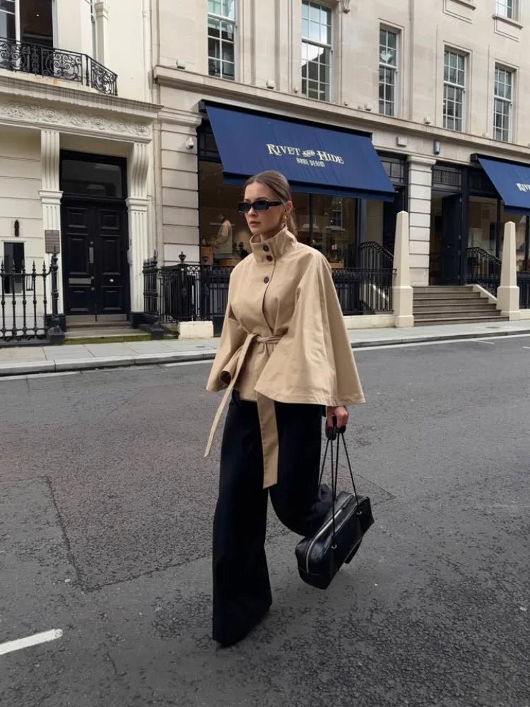 Cape Lace Up Trench Coat - Women's Fall and Winter Outerwear - Image 3