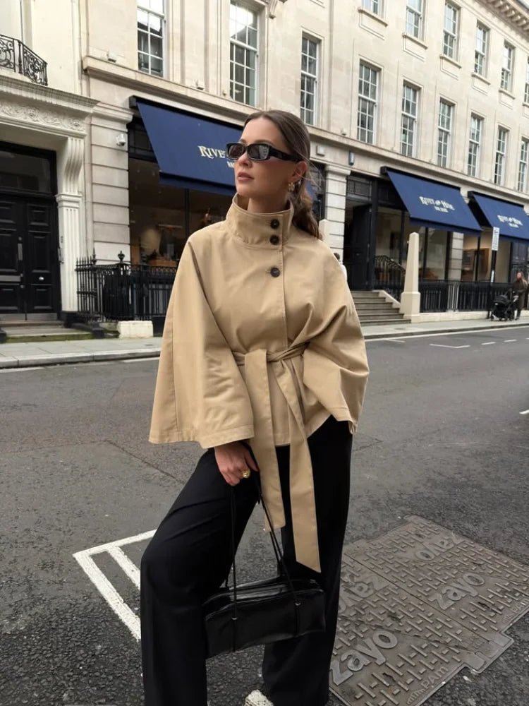 Cape Lace Up Trench Coat - Women's Fall and Winter Outerwear - Image 2