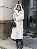 Bex Women's Faux Fur Hooded Long Coat - Lace-Up Winter Overcoat