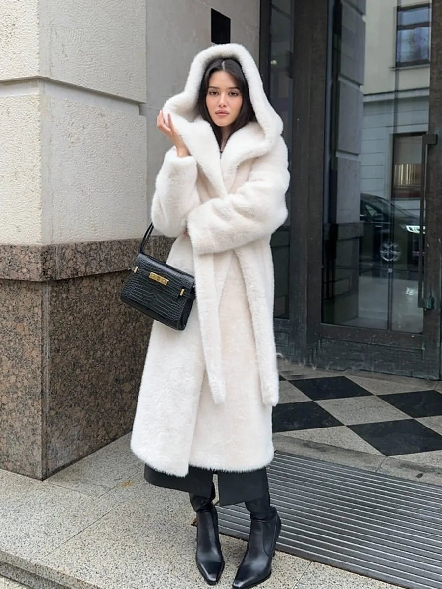 Bex Women's Faux Fur Hooded Long Coat - Lace-Up Winter Overcoat