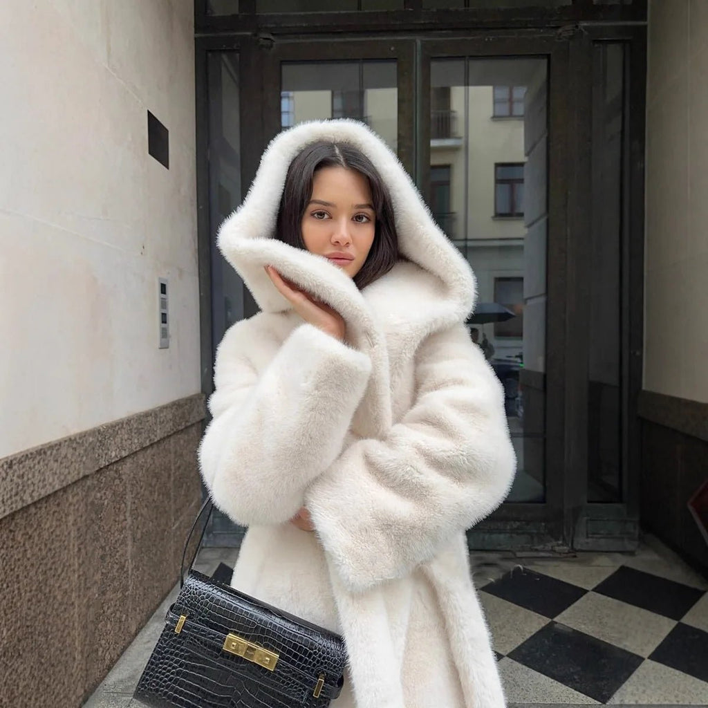 Bex Women's Faux Fur Hooded Long Coat - Lace-Up Winter Overcoat - Image 4