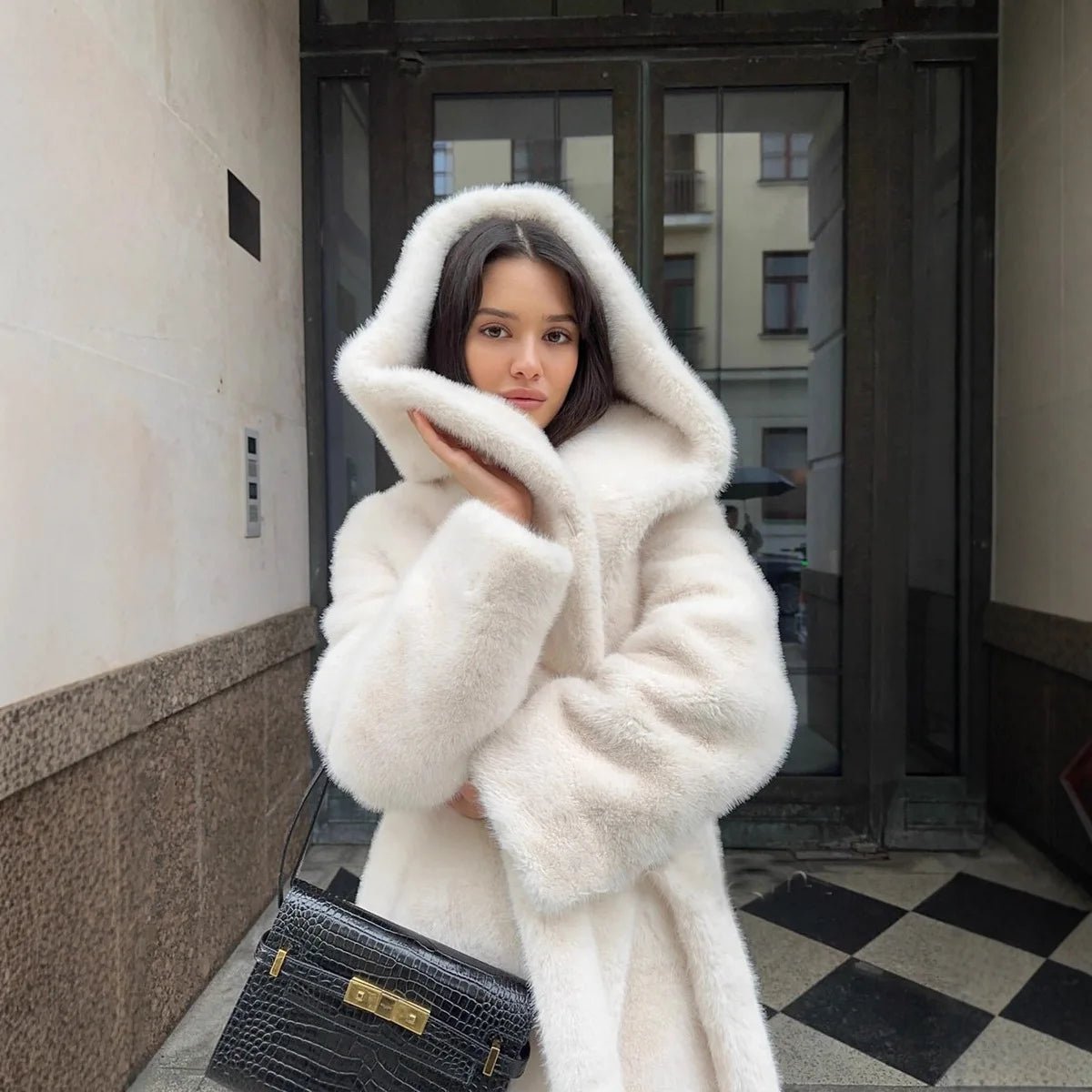 Bex Women's Faux Fur Hooded Long Coat - Lace-Up Winter Overcoat - Image 4