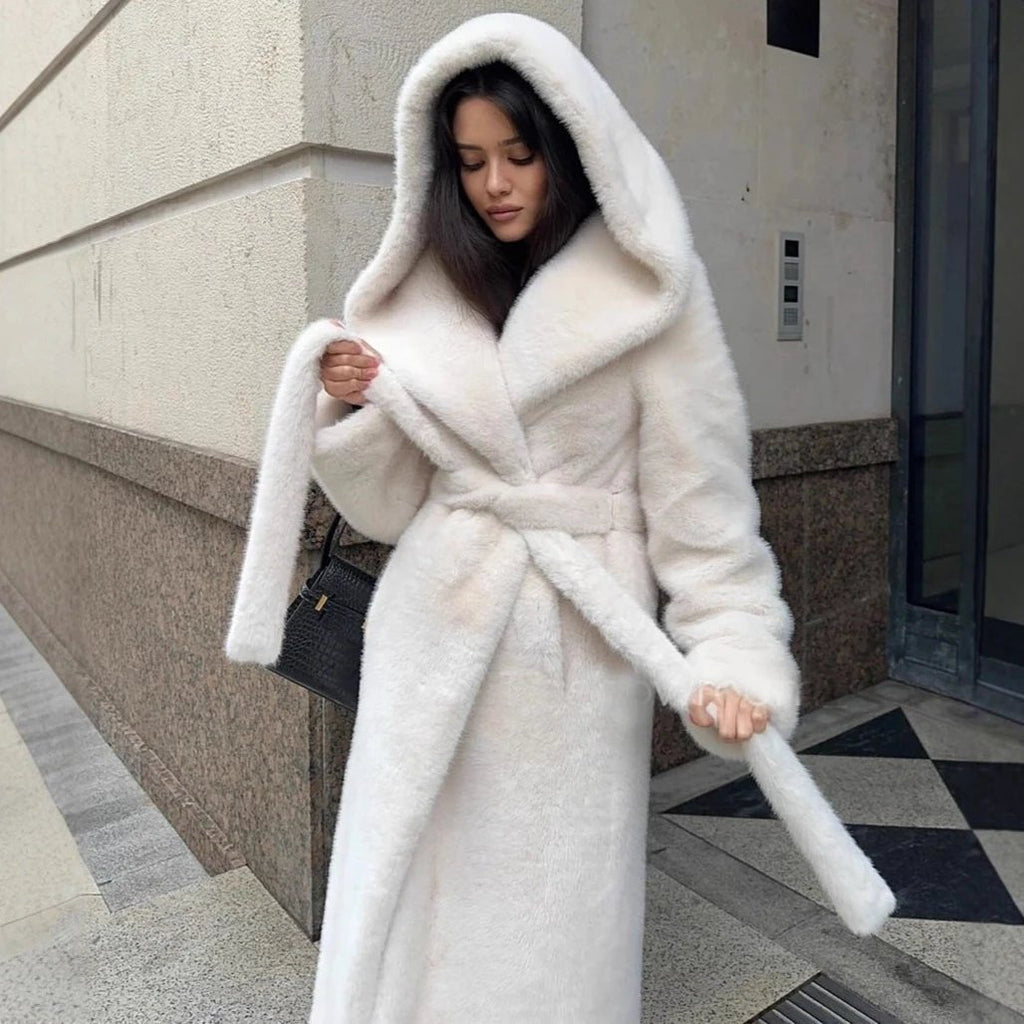 Bex Women's Faux Fur Hooded Long Coat - Lace-Up Winter Overcoat - Image 2