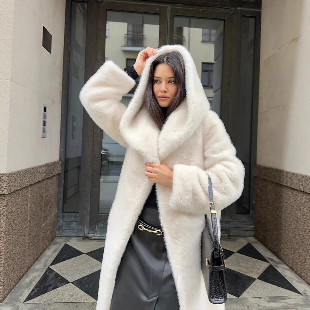 Bex Women's Faux Fur Hooded Long Coat - Lace-Up Winter Overcoat - Image 5