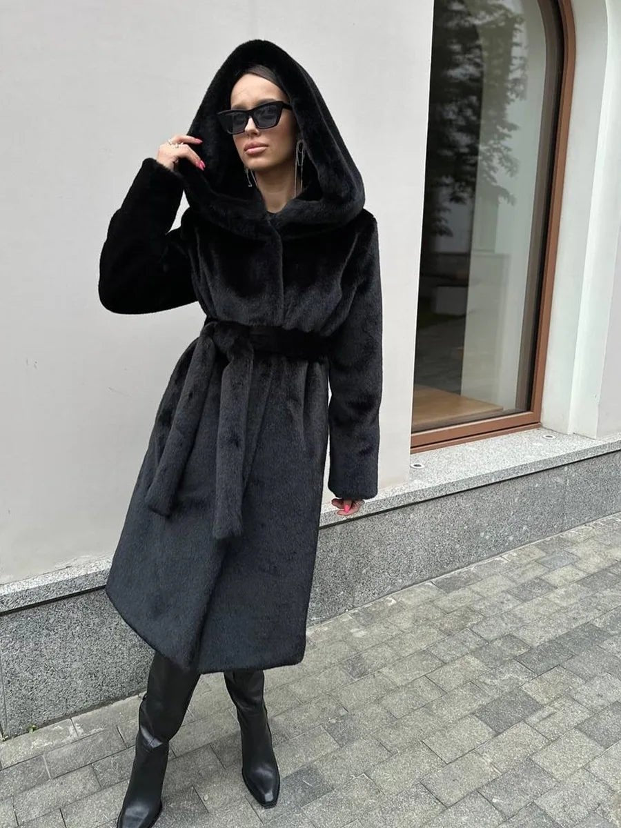 Bex Women's Faux Fur Hooded Long Coat - Lace-Up Winter Overcoat - Image 7