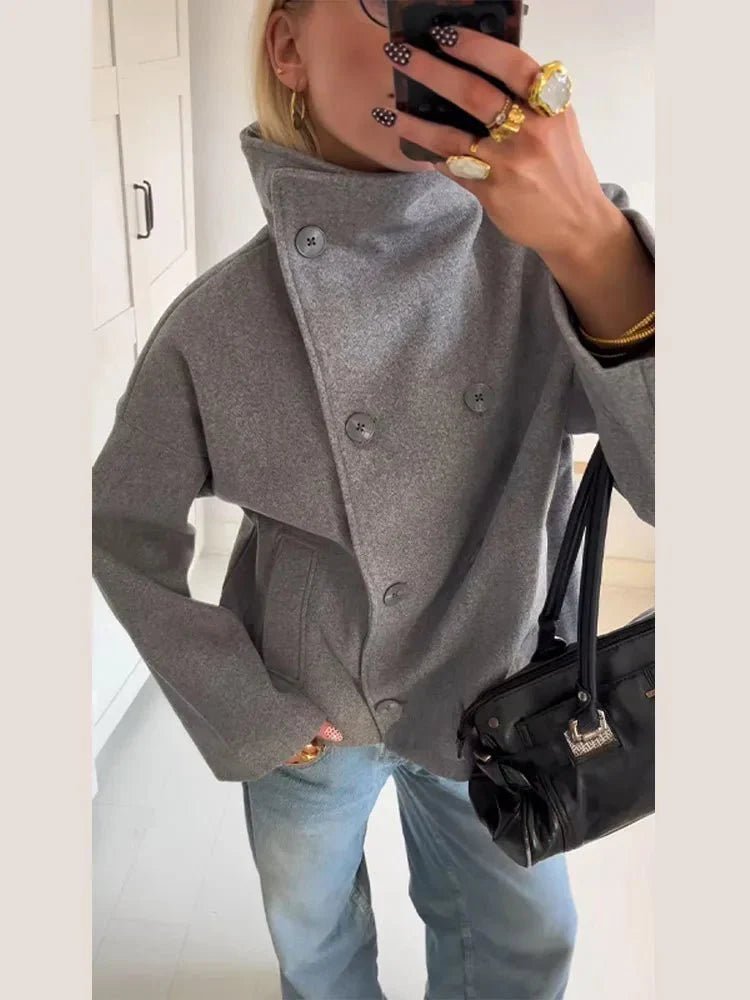 Clarissa Women's Loose Fit Woolen Coat - Stand Collar Casual Autumn Jacket - Image 8