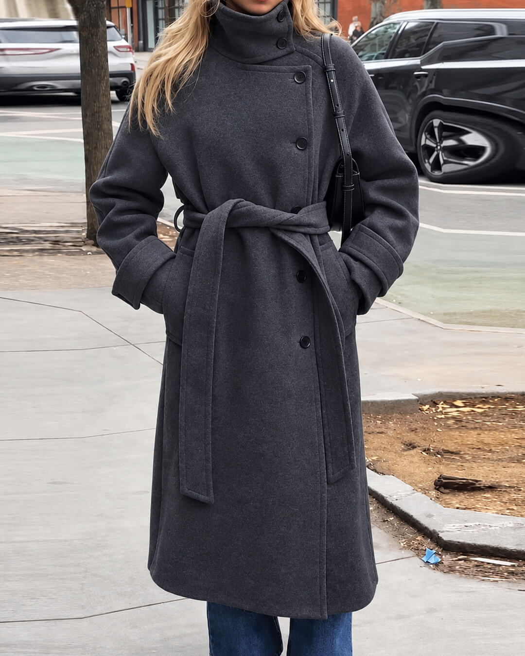 Claudine Long Belted High Collar Coat - Women's Fall and Winter Outerwear