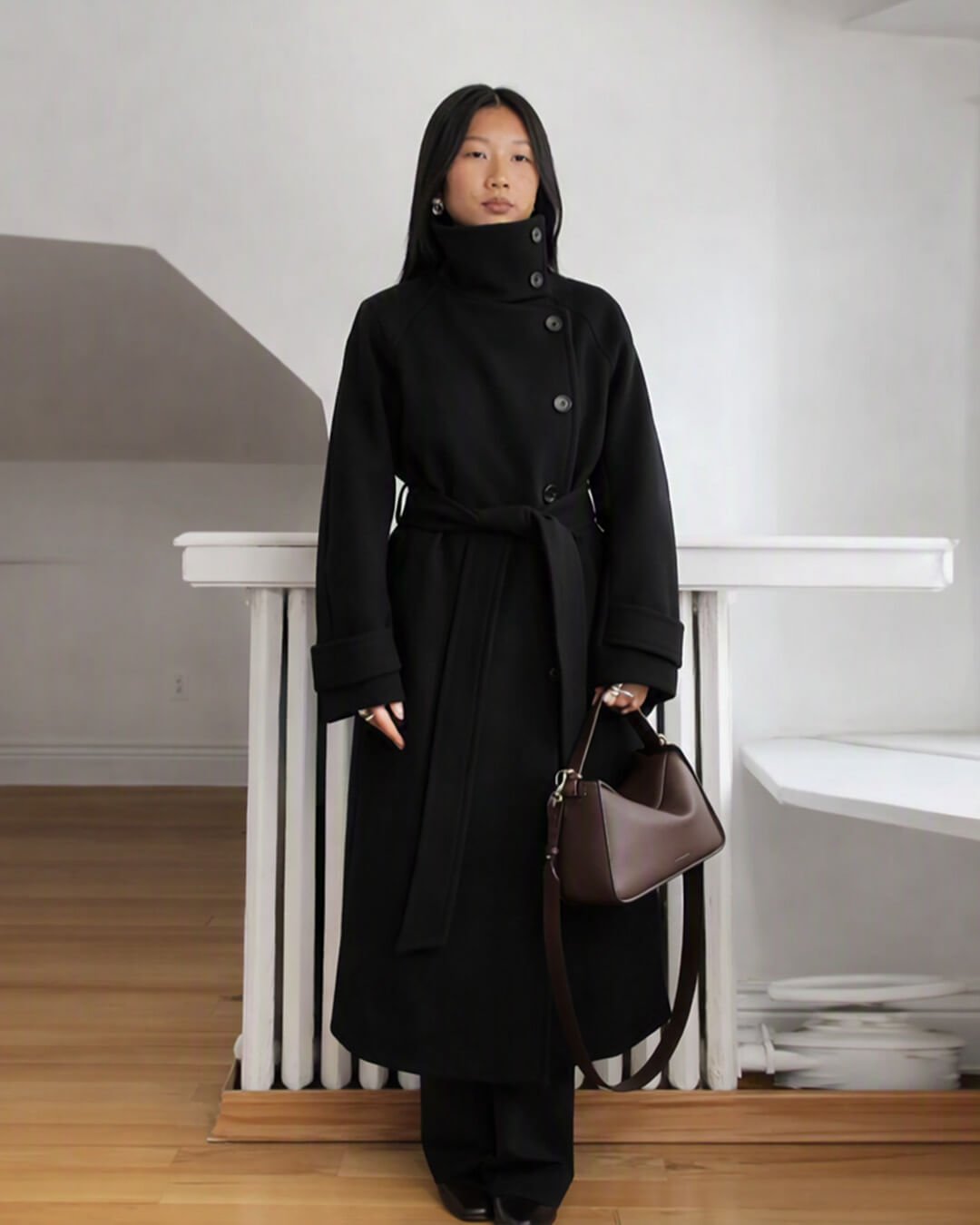 Claudine Long Belted High Collar Coat - Women's Fall and Winter Outerwear - Image 3