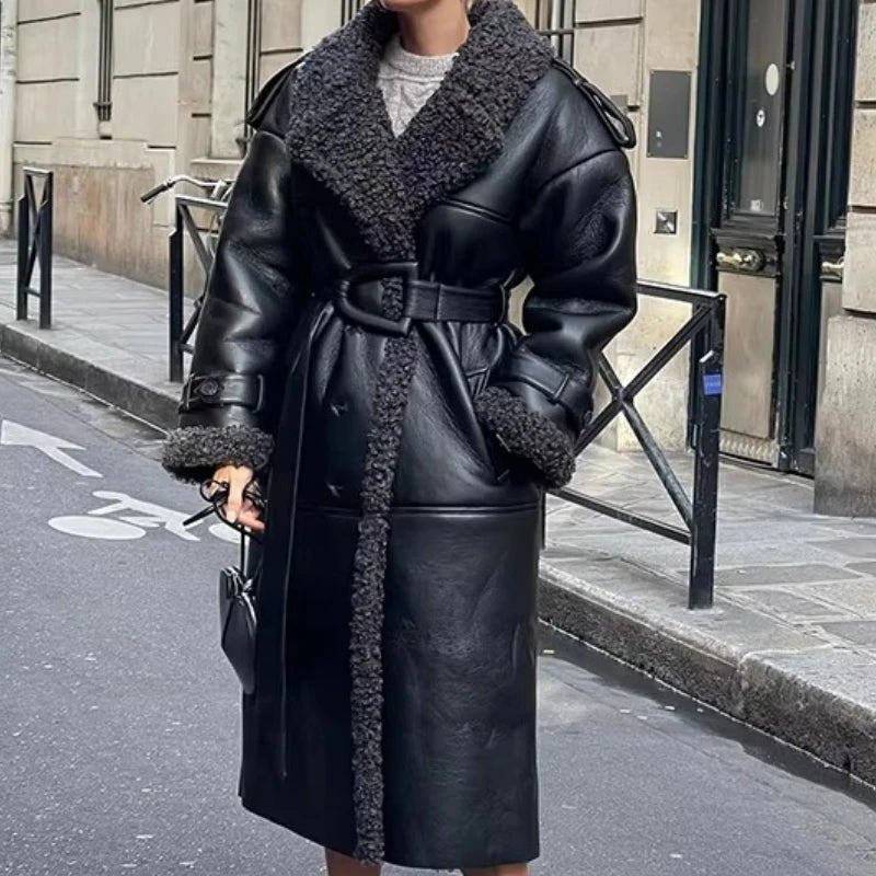 Cora Women's Belted Faux Leather Maxi Coat - Longline Black Coat
