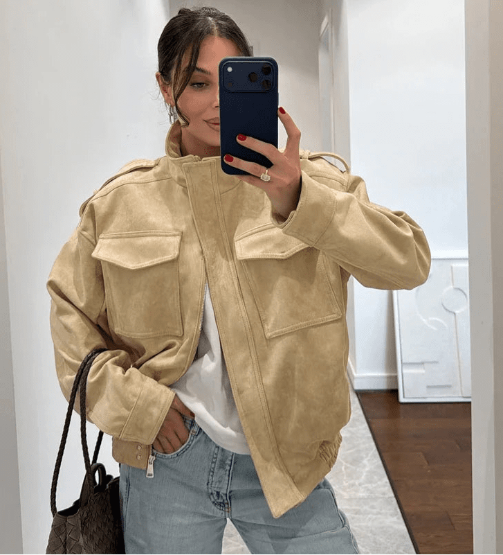Elyssa Women's Faux Suede Bomber Jacket - Oversized Zip-Front Outerwear - Image 7