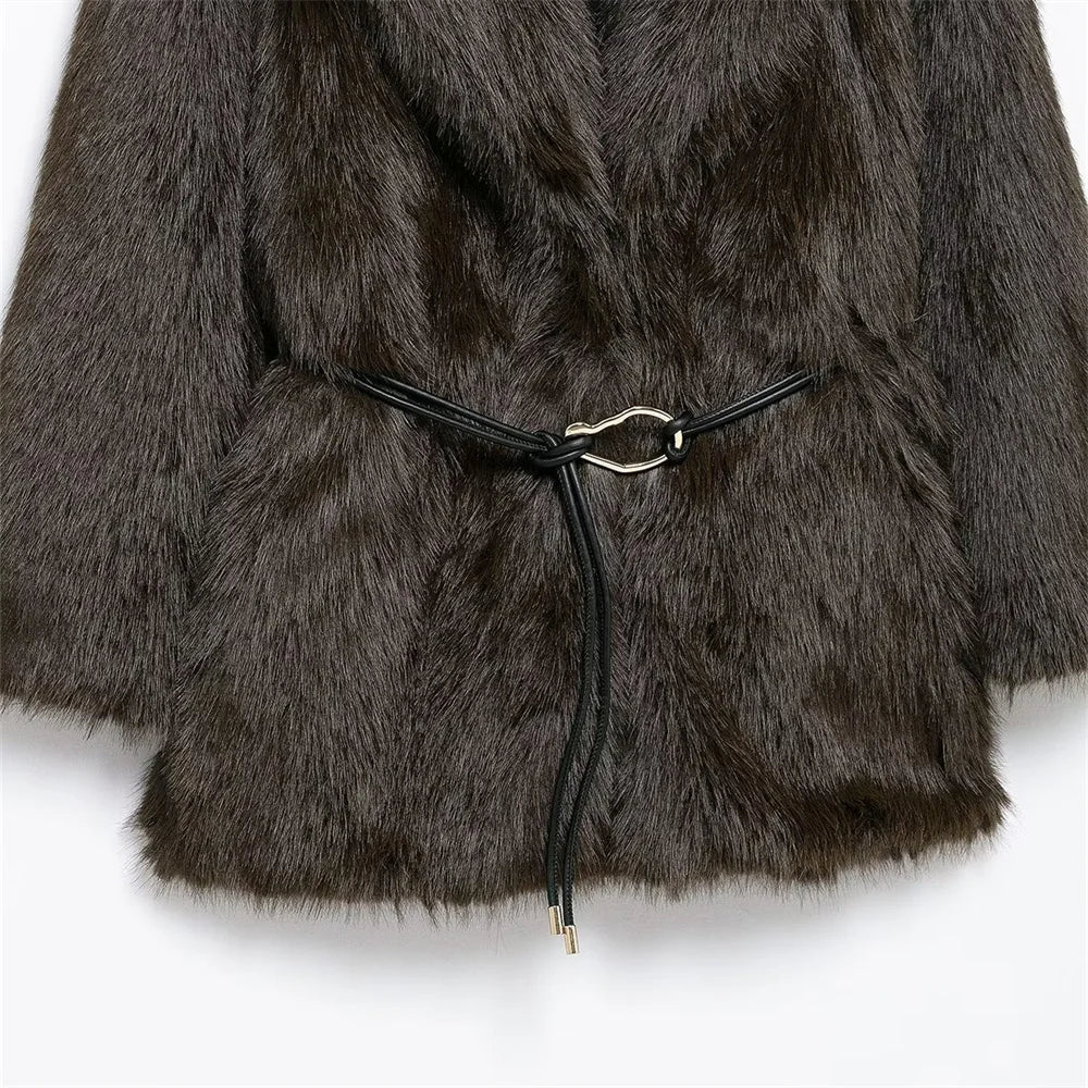 Faith Faux Fur Coat with Belt - Women's Fall and Winter Outerwear - Image 16