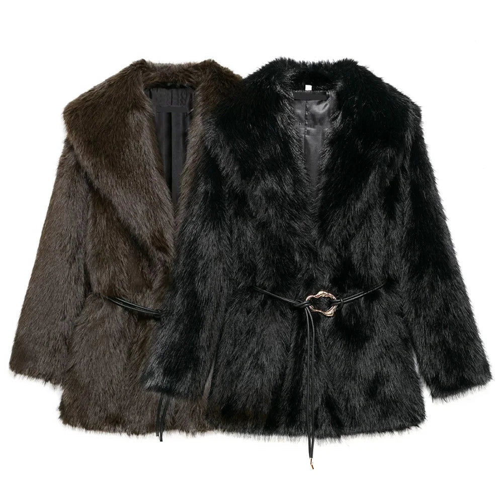 Faith Faux Fur Coat with Belt - Women's Fall and Winter Outerwear - Image 18