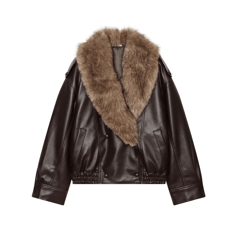 Francesca Faux Leather Jacket with Detachable Fur Collar - Women's Fall and Winter Outerwear - Image 7