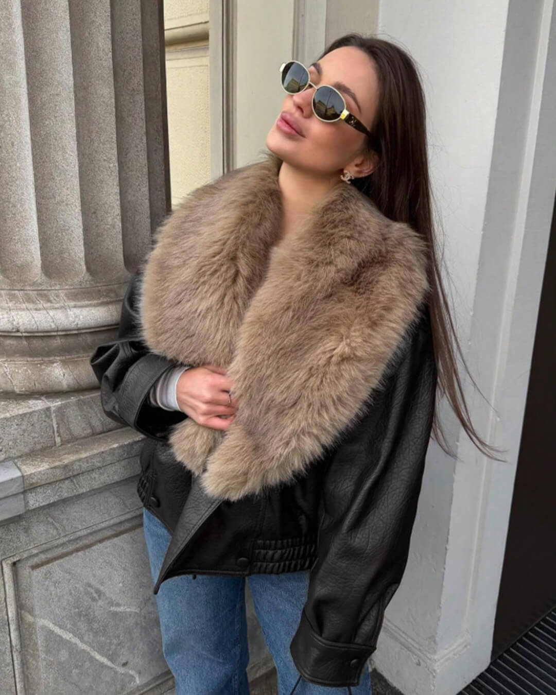 Francesca Faux Leather Jacket with Detachable Fur Collar - Women's Fall and Winter Outerwear - Image 2
