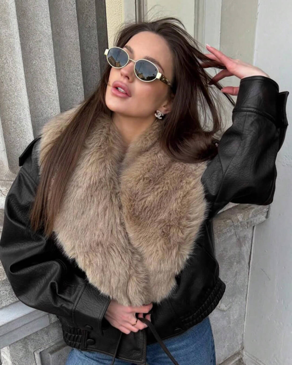 Francesca Faux Leather Jacket with Detachable Fur Collar - Women's Fall and Winter Outerwear - Image 3