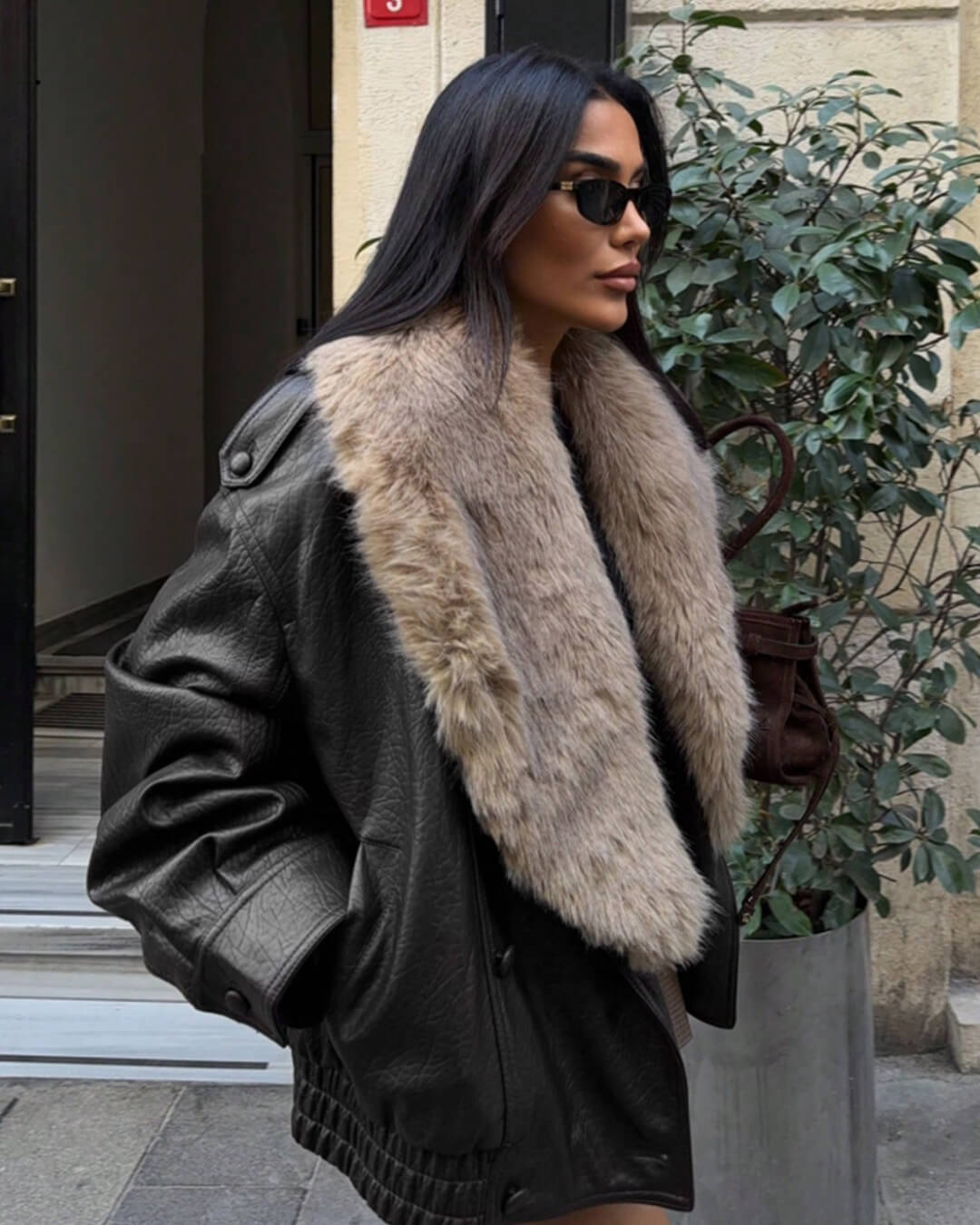 Francesca Faux Leather Jacket with Detachable Fur Collar - Women's Fall and Winter Outerwear - Image 4