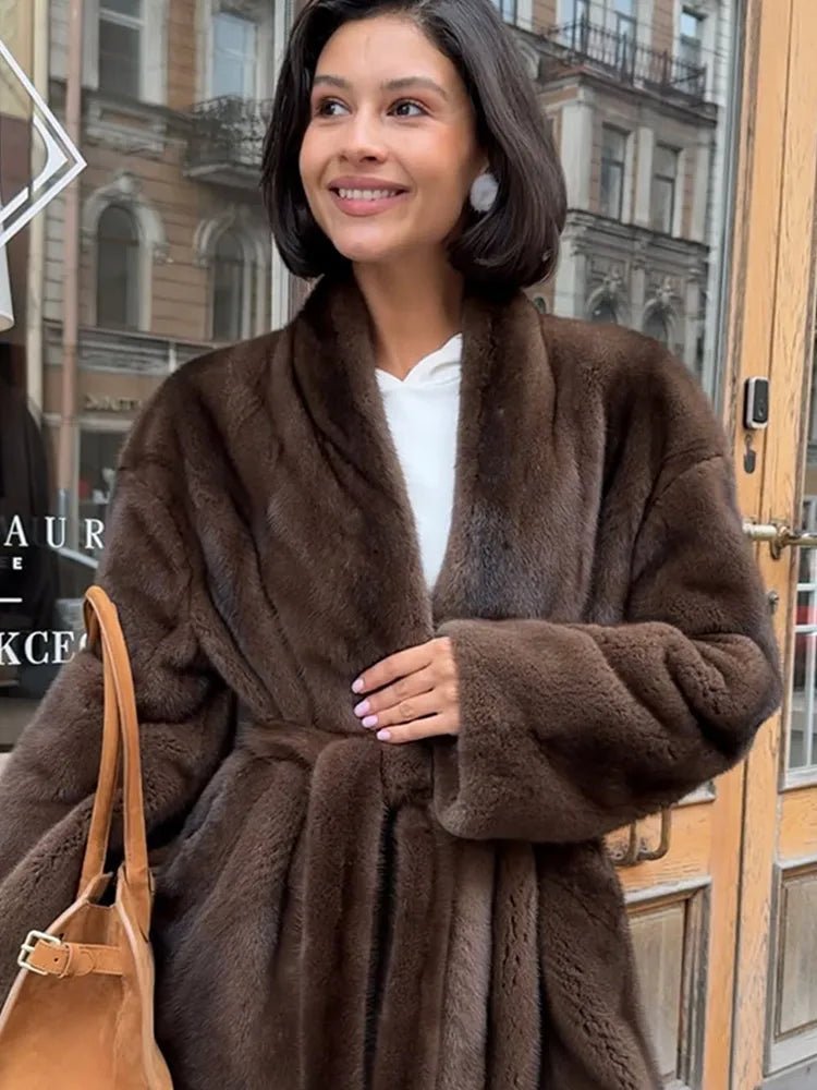 Hazel Women's Belted Faux Fur Jacket - Loose Fit Winter Coat - Image 9