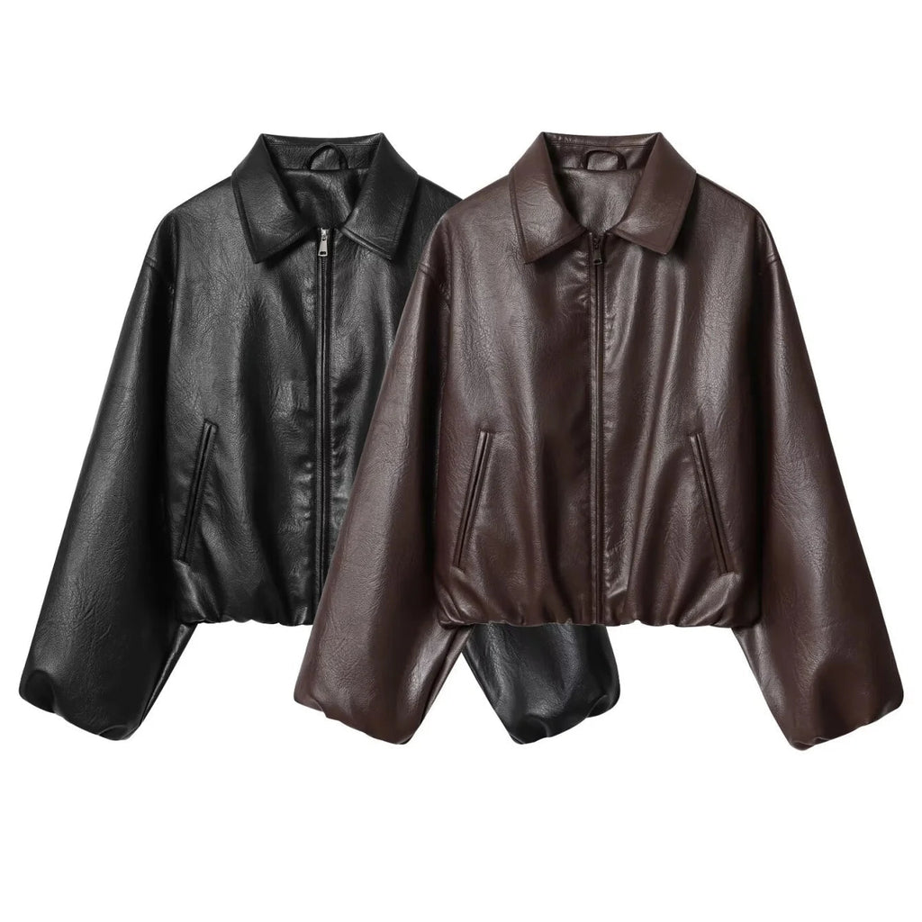Jenny Faux Leather Bomber Jacket - Women's Fall and Winter Outerwear - Image 14