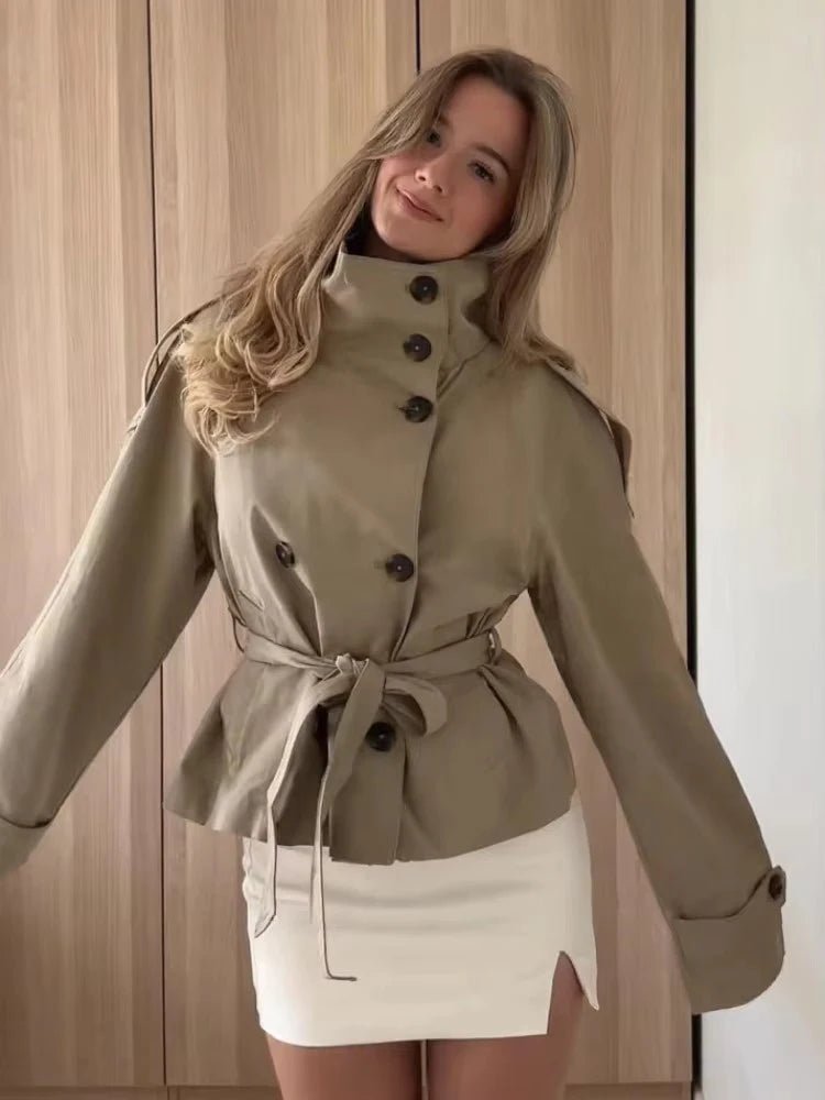 Kara Stand Collar Crop Trenchcoat - Women's Fall and Winter Outerwear - Image 29