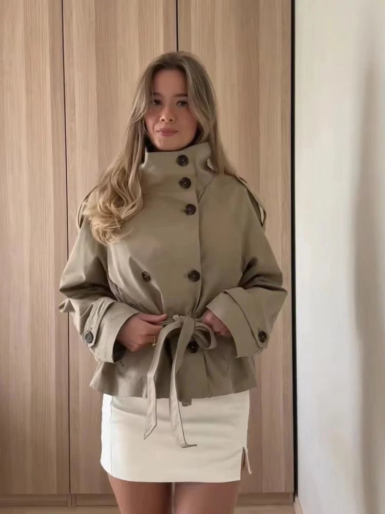 Kara Stand Collar Crop Trenchcoat - Women's Fall and Winter Outerwear - Image 30