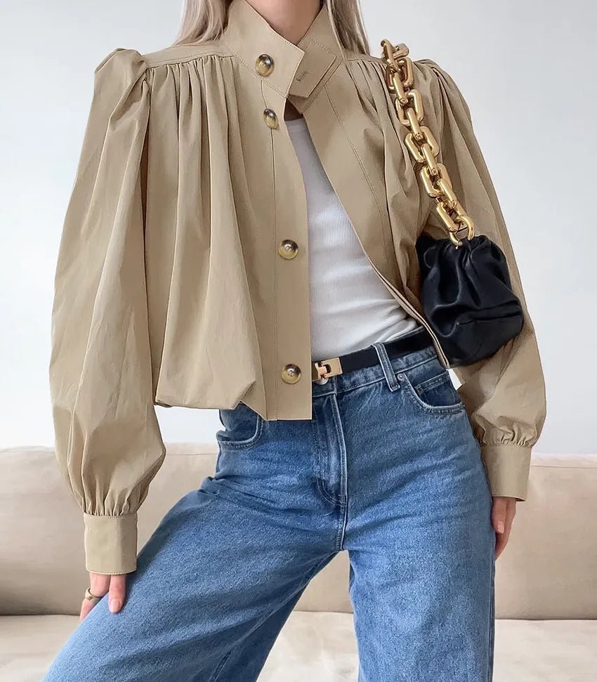 Karina Khaki Cropped Pleated Jacket - British Style Puff Sleeve Fall Layer - Image 5
