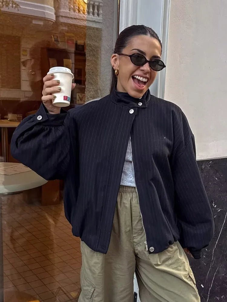 Magnolia Pinstripe Bomber Jacket - Women's Fall and Winter Outerwear