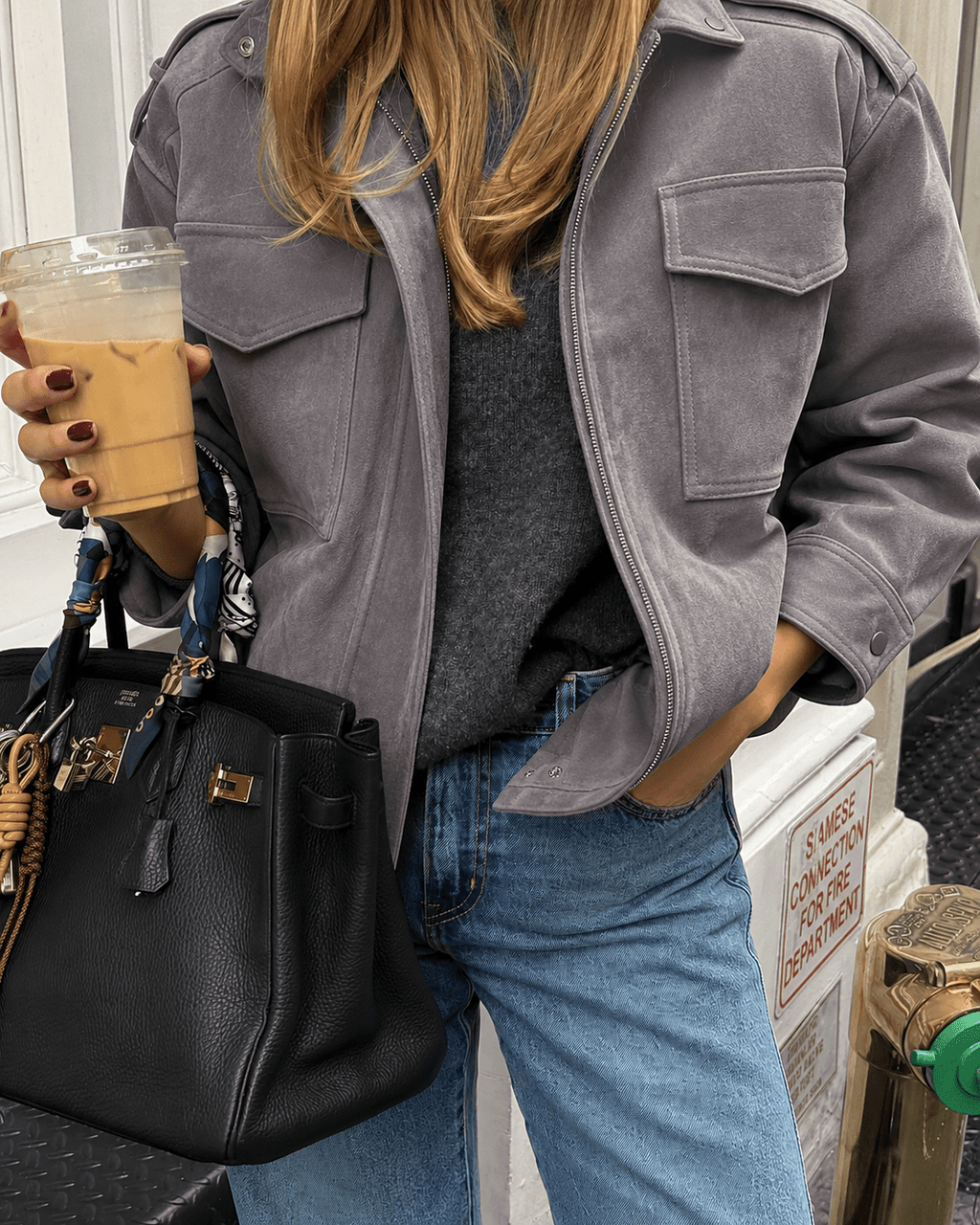 Marianne High Neck Suede Pocket Jacket - Women's Fall and Winter Outerwear - Image 2