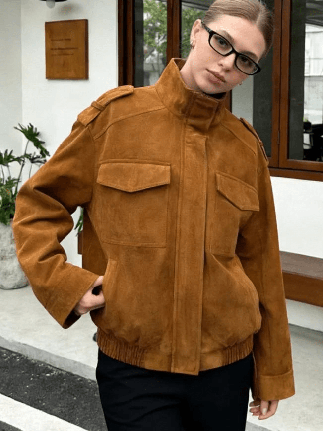 Marianne High Neck Suede Pocket Jacket - Women's Fall and Winter Outerwear - Image 8
