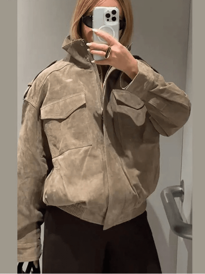 Marianne High Neck Suede Pocket Jacket - Women's Fall and Winter Outerwear - Image 6