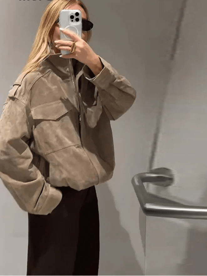 Marianne High Neck Suede Pocket Jacket - Women's Fall and Winter Outerwear - Image 4