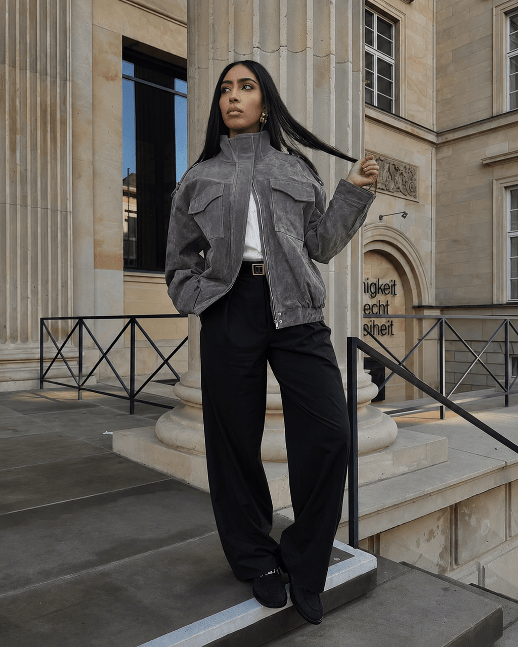 Marianne High Neck Suede Pocket Jacket - Women's Fall and Winter Outerwear