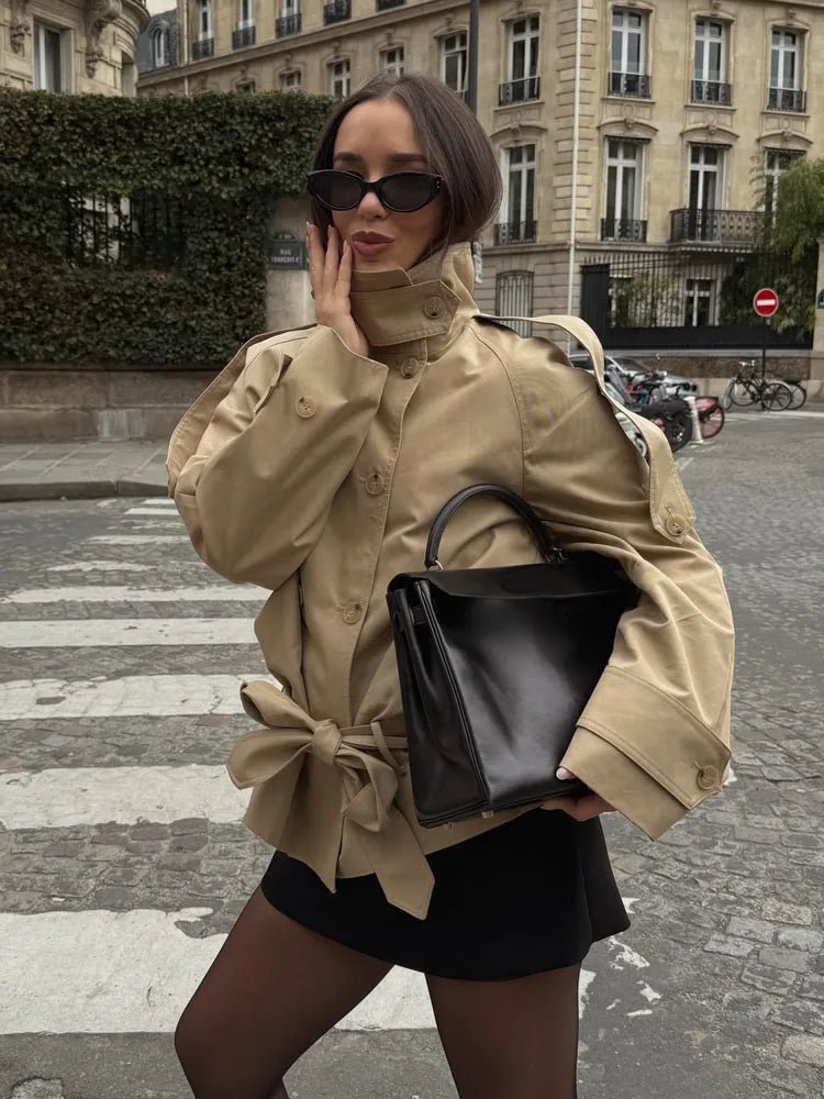 Melanie Stand Up Collar Short Trench Coat - Women's Fall and Winter Outerwear - Image 6
