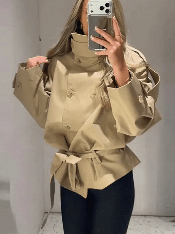 Phoebe Lace Up Cropped Trench Coat - Women's Fall and Winter Outerwear - Image 2
