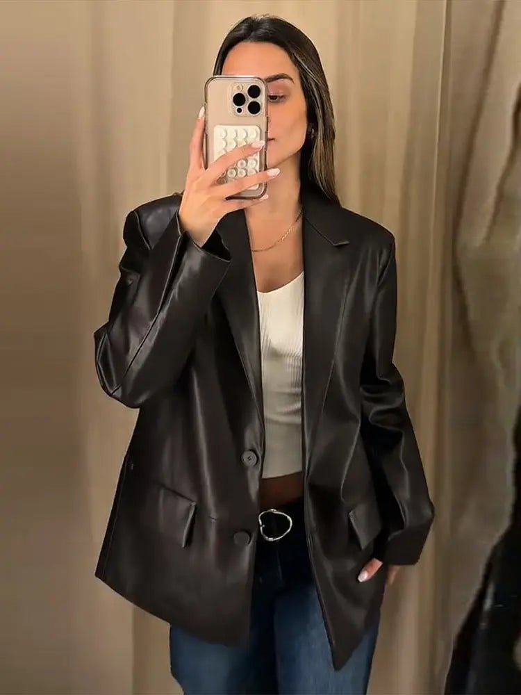 Ryza Vegan Leather Blazer - Women's Fall and Winter Outerwear - Image 2